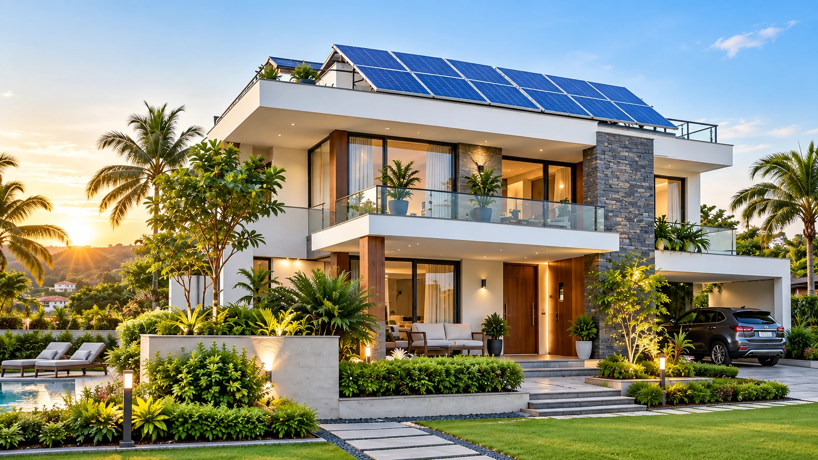 Solar panels on a modern villa rooftop